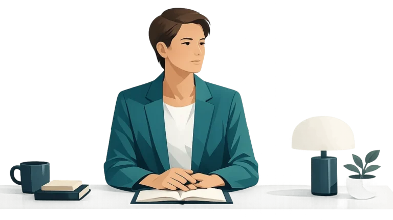 Depresja wysokofunkcjonująca. Osoba siedząca przy biurku, z pozoru spokojna i zorganizowana, symbolizująca depresję wysokofunkcjonującą.