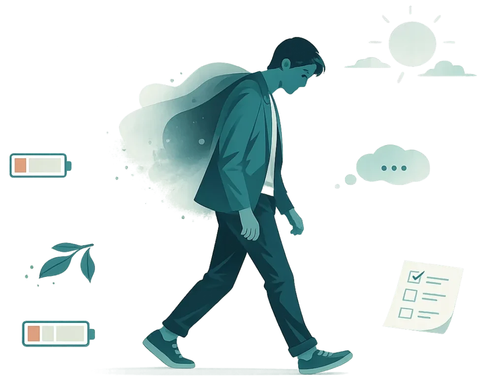 Symboliczna ilustracja pokazująca osobę funkcjonującą mimo wewnętrznego przeciążenia psychicznego.