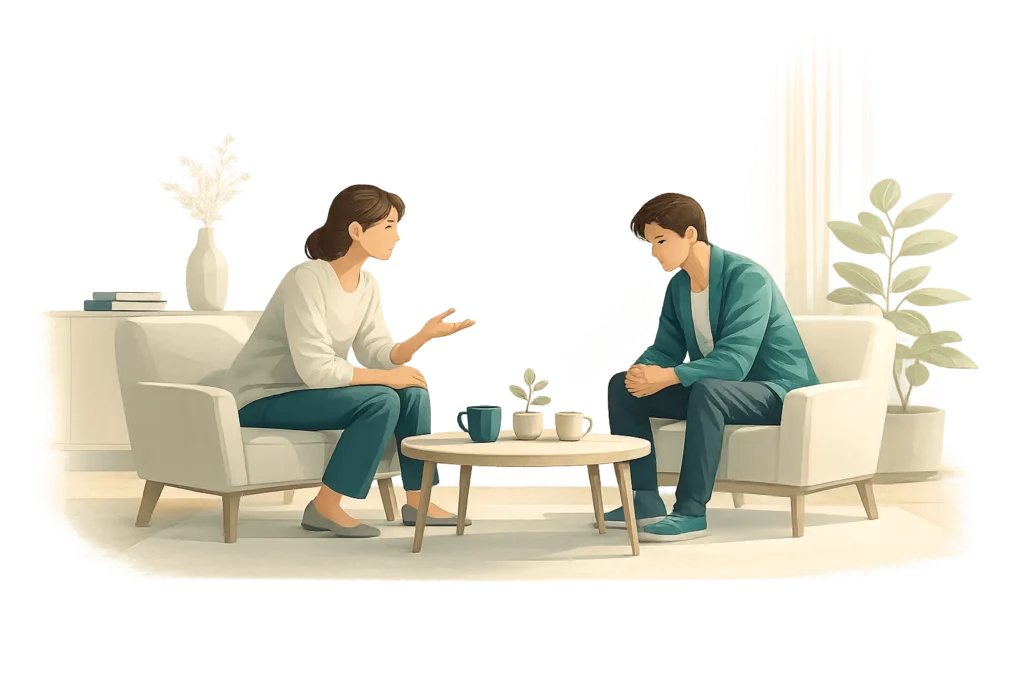 A symbolic illustration showing the difference between a hurtful and supportive conversation with a depressed person.