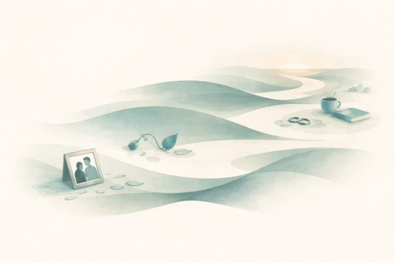Spokojna symboliczna ilustracja przedstawiająca osobę w refleksji nad żałobą i upływem czasu po stracie. Ile trwa żałoba?