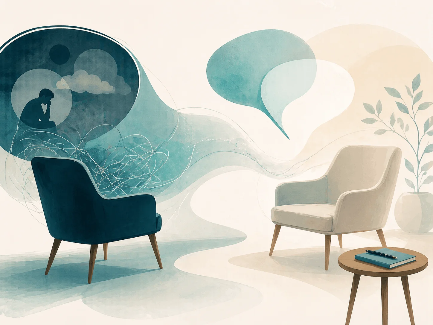 Common concerns before a first psychologist appointment shown as fear gradually turning into a calmer conversation.
