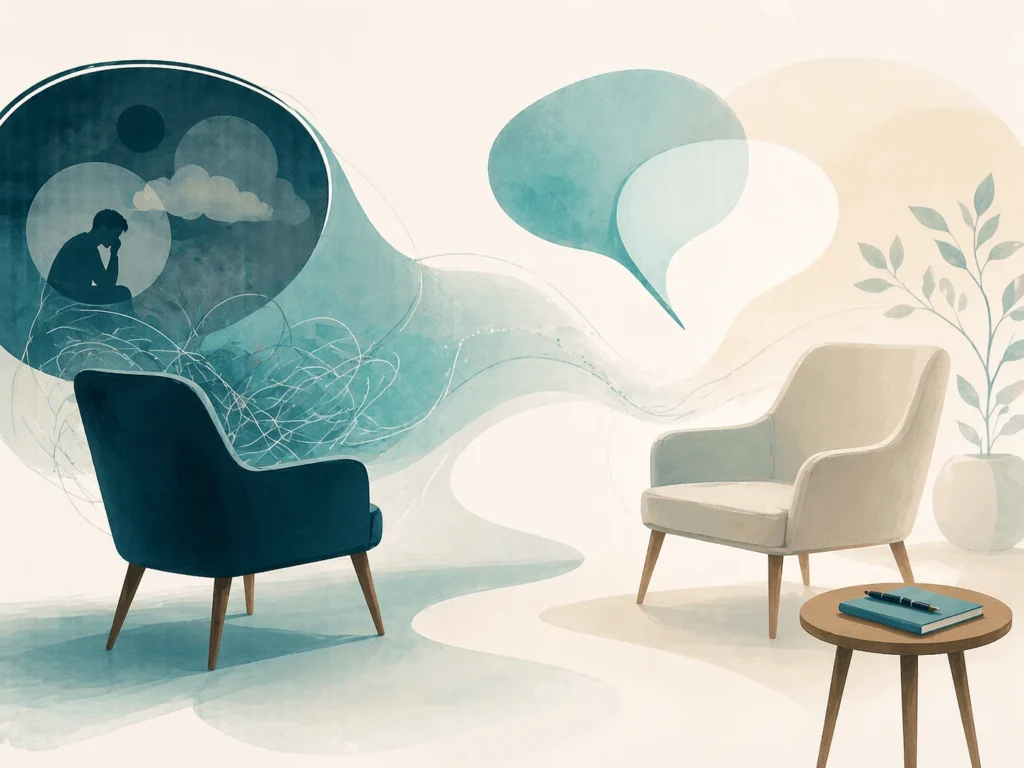 Symboliczna ilustracja pokazująca obawy przed pierwszą wizytą u psychologa i spokojne wejście w rozmowę.