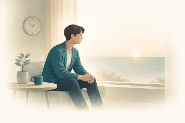 A calm symbolic illustration of a person reflecting on the fear of death. Why are we afraid of death.