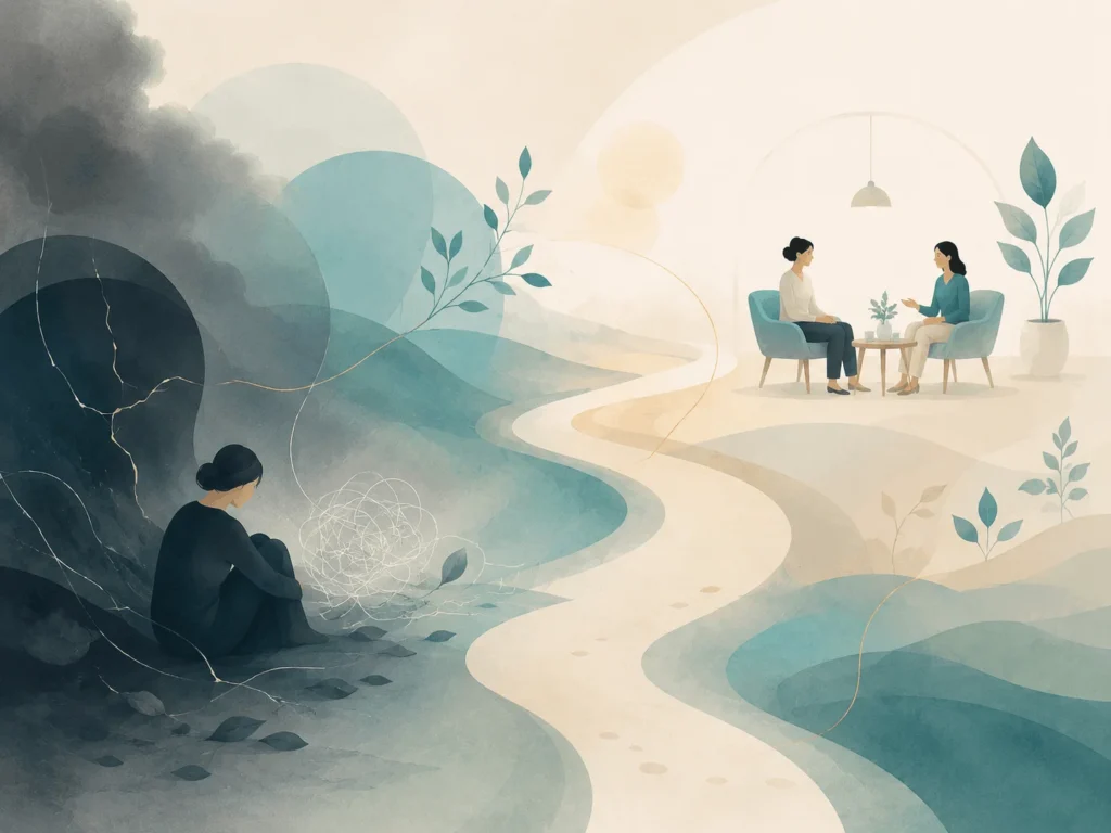 Symboliczna ilustracja drogi od trudnego doświadczenia do spokojnej rozmowy z psychologiem.