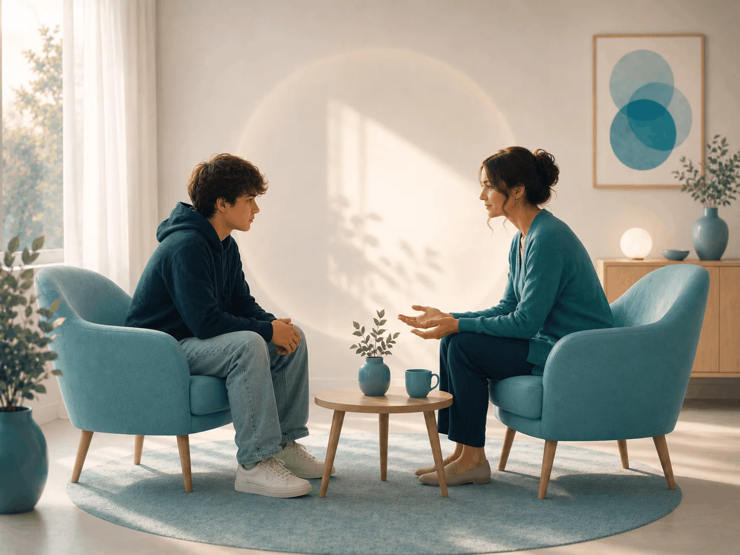 A symbolic illustration showing safety, confidentiality and a calm conversation with a psychologist.