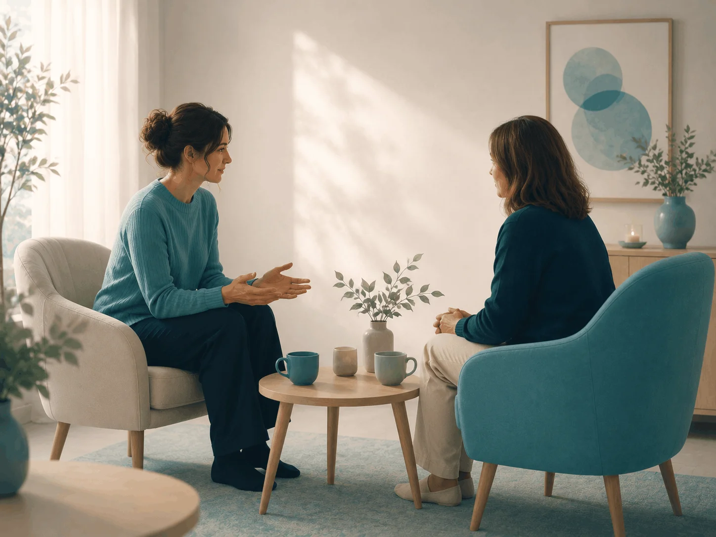 Two people in a calm conversation, symbolising talking about dying, fear and closeness.