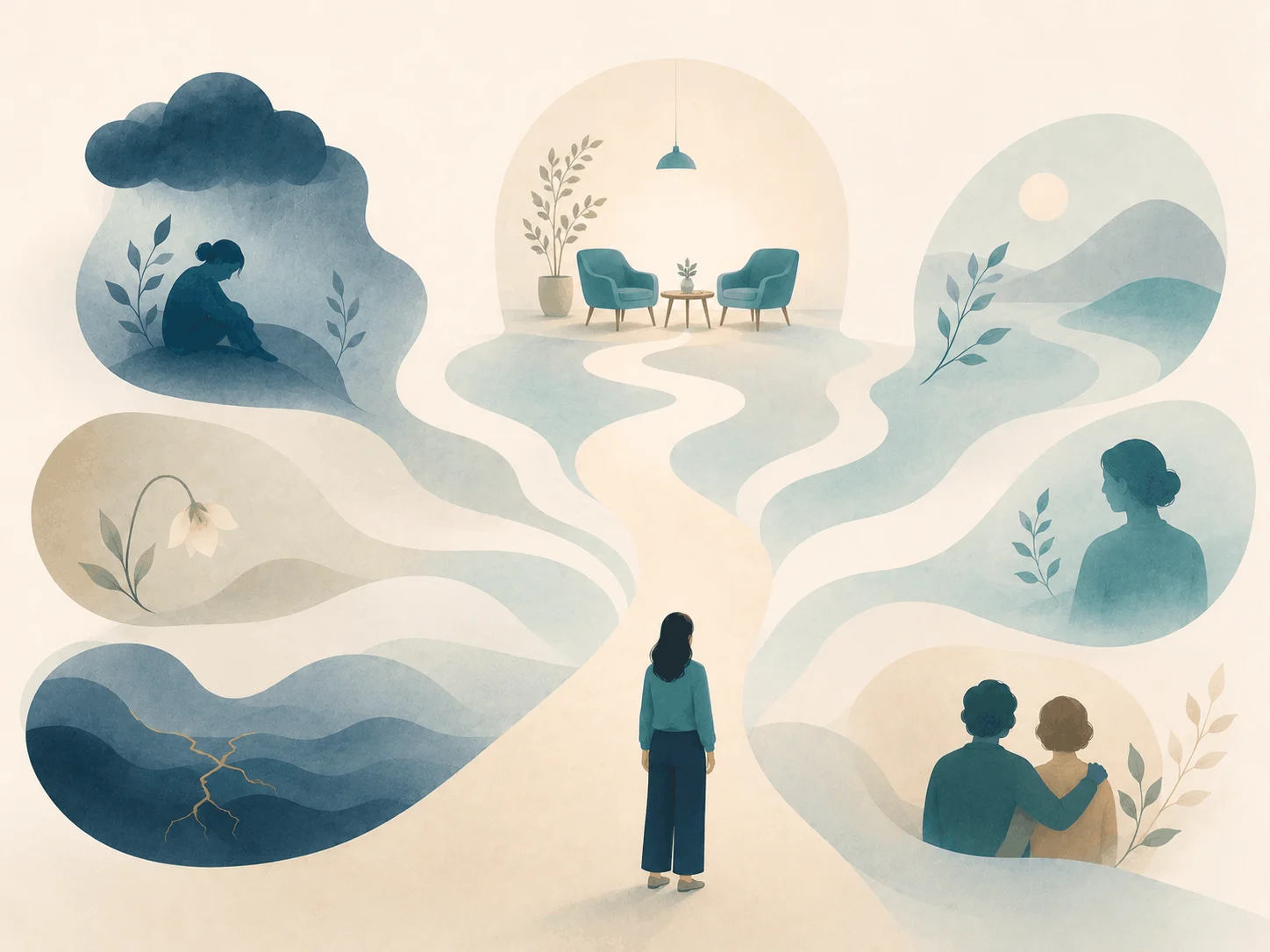 The scope of psychological support shown as calm paths leading towards a conversation.
Scope of support.