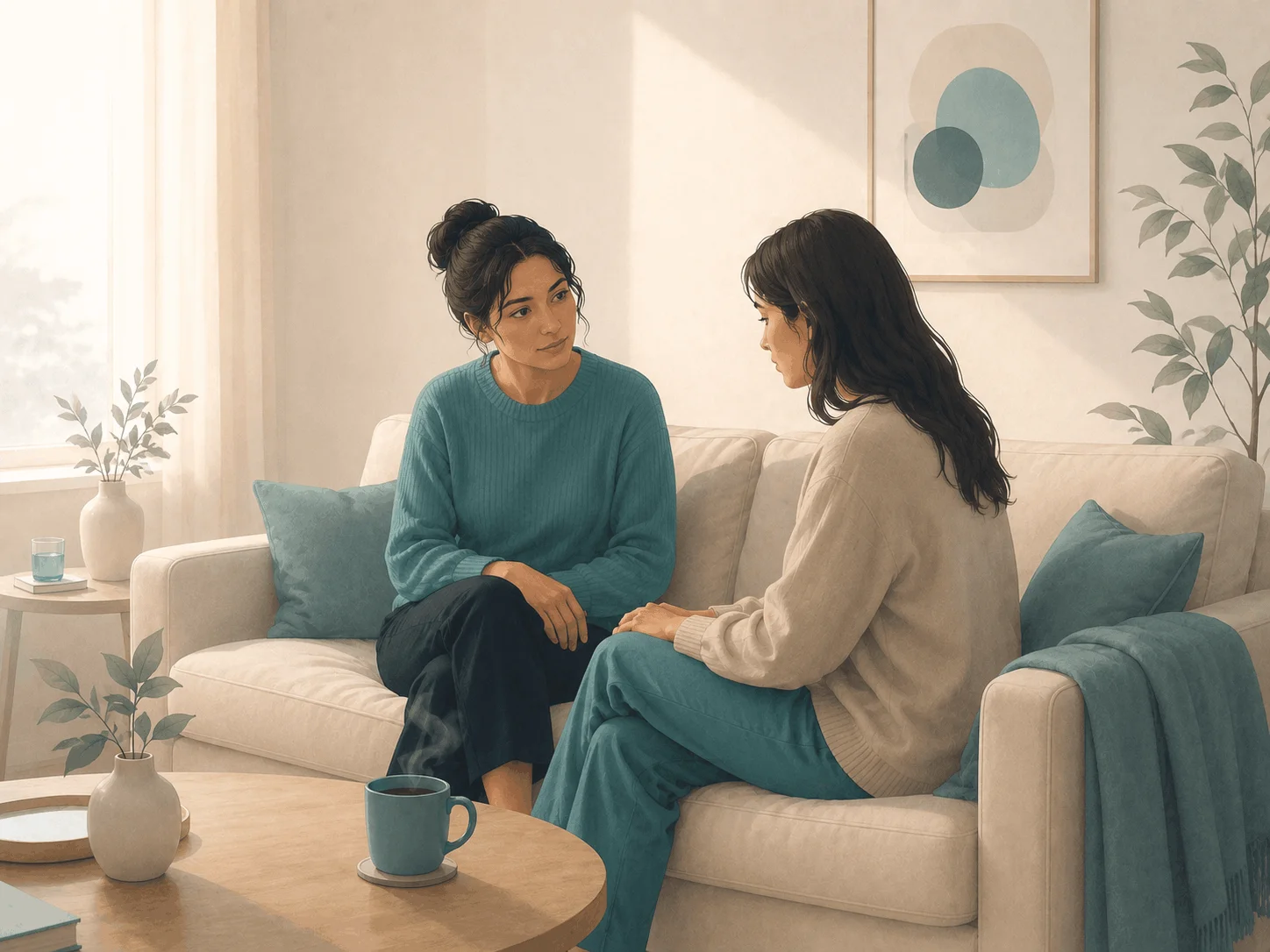 Two people sitting side by side in a calm atmosphere, symbolising attentive support for someone experiencing depression.