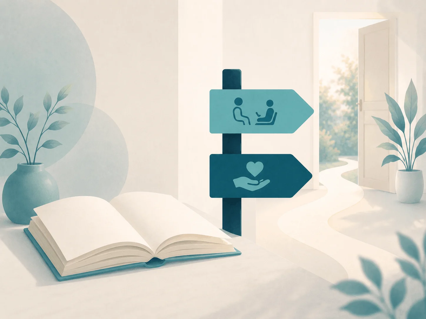 A symbolic illustration showing that a page about grief can be a guide, but does not replace a psychological consultation or urgent help.