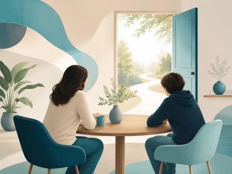 Calm illustration symbolising a teenager who does not want to see a psychologist and a parent trying to talk without pressure.